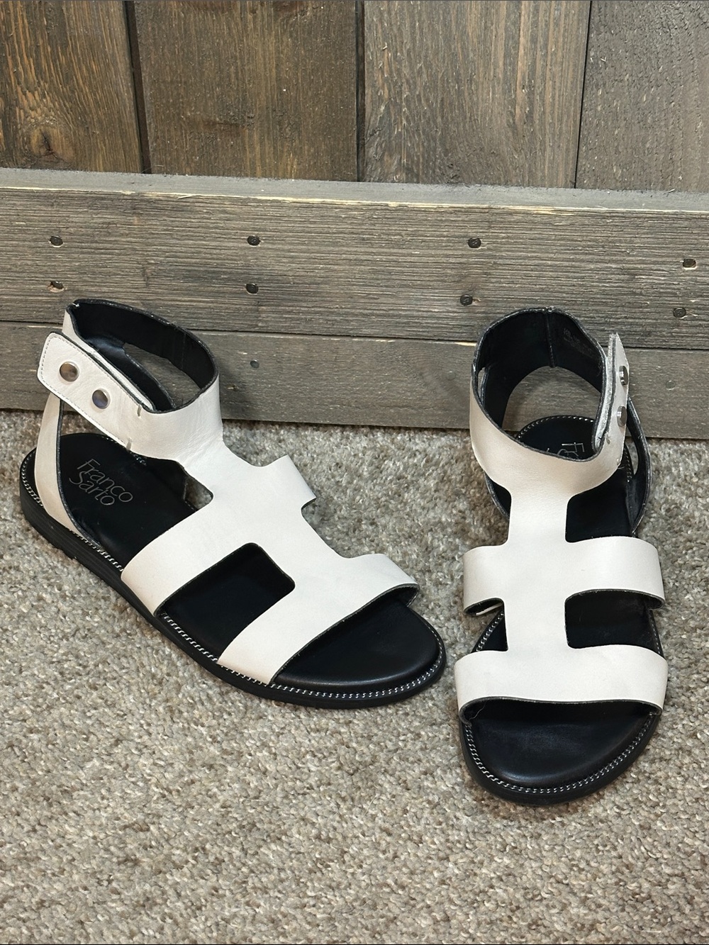Franco Sarto Genevia Leather Gladiator Sandals Black White Size 10